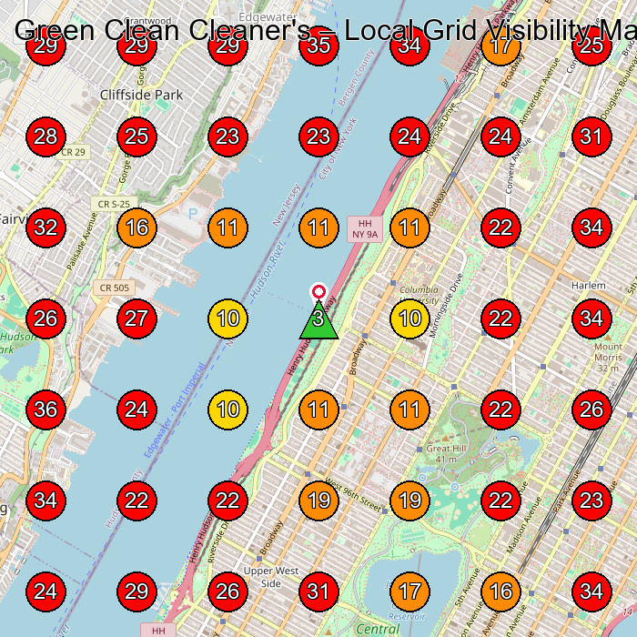 Green Clean Cleaner's GeoGrid visibility map for Dry Cleaner in New York